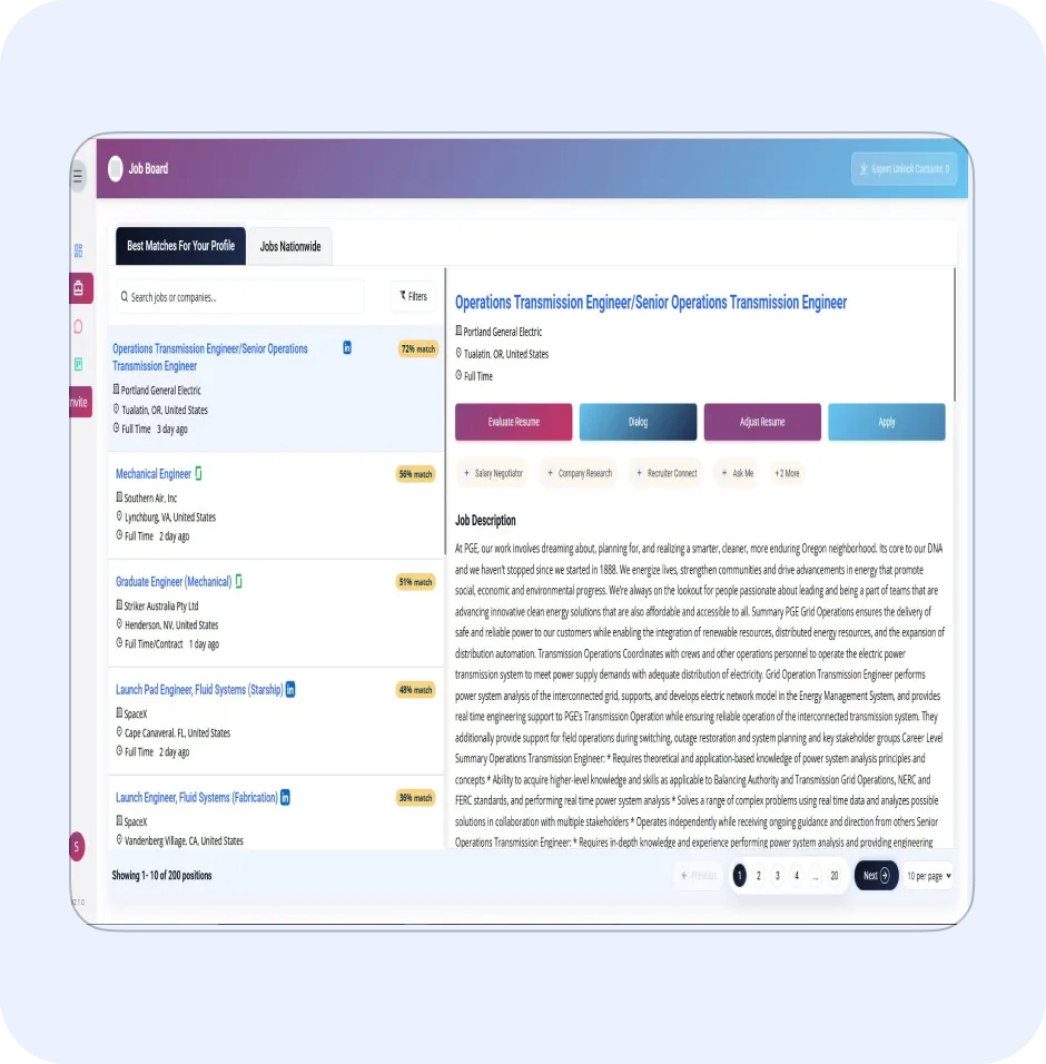 Job board interface displaying matched job listings for engineering positions, highlighting features like job descriptions, application buttons, and recruiter contact options for enhanced job seeker connectivity